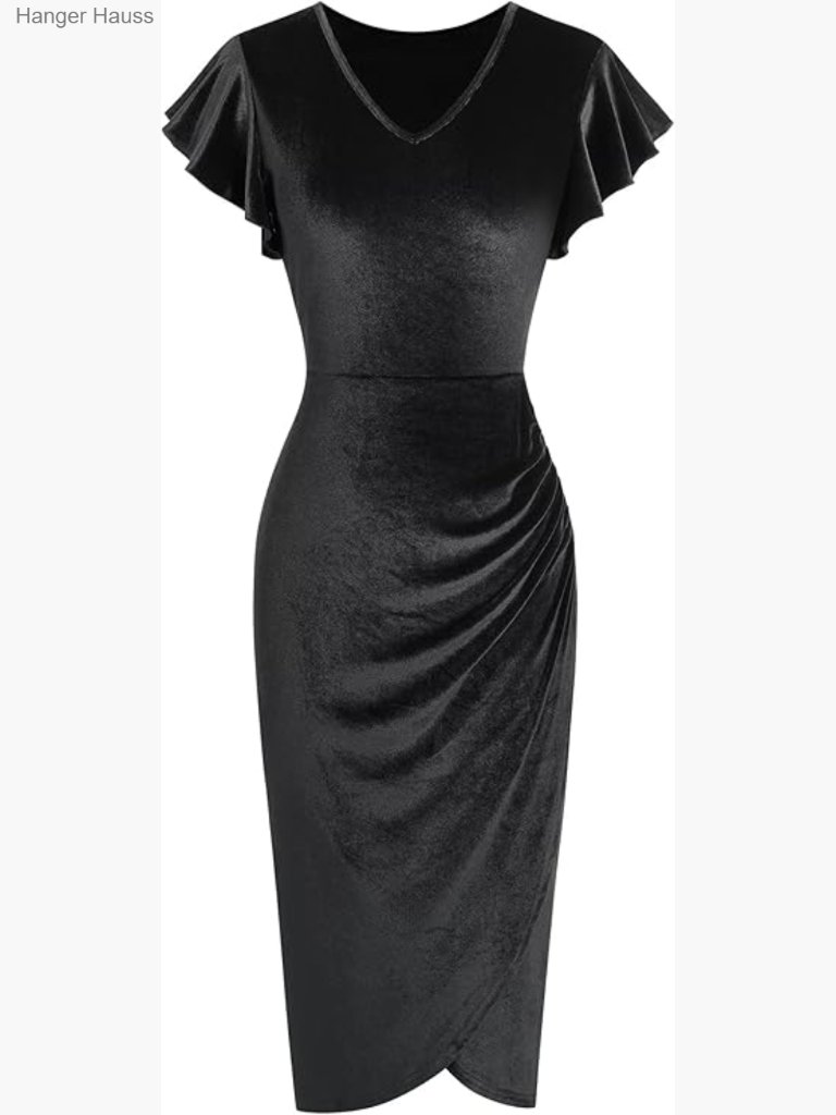Velvet Ruffle Sleeve Ruched Bodycon Midi Dress Wedding Guest Cocktail Party
